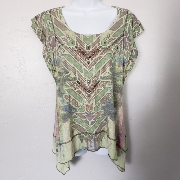 Live and Let Live Small Short Sleeve Shirt Green Brown Embellished Top Hanky Hem - Picture 1 of 9